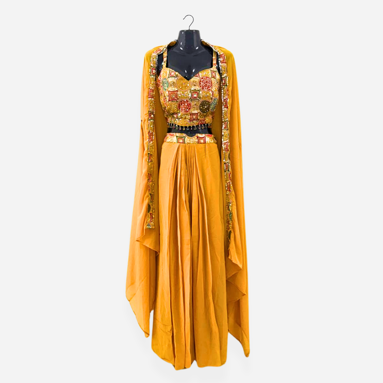 Elegant Yellow Indo-Western Suit with Gold Embroidery and Designer Cape