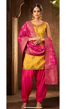 pink and yellow patiala suit