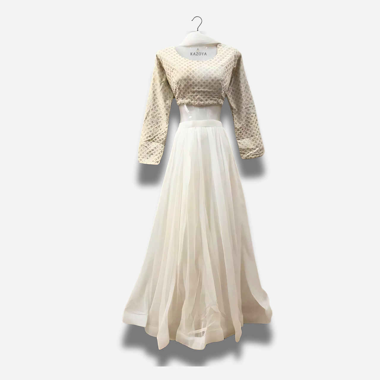White and Beige Lehenga Choli with Designer Crop Top