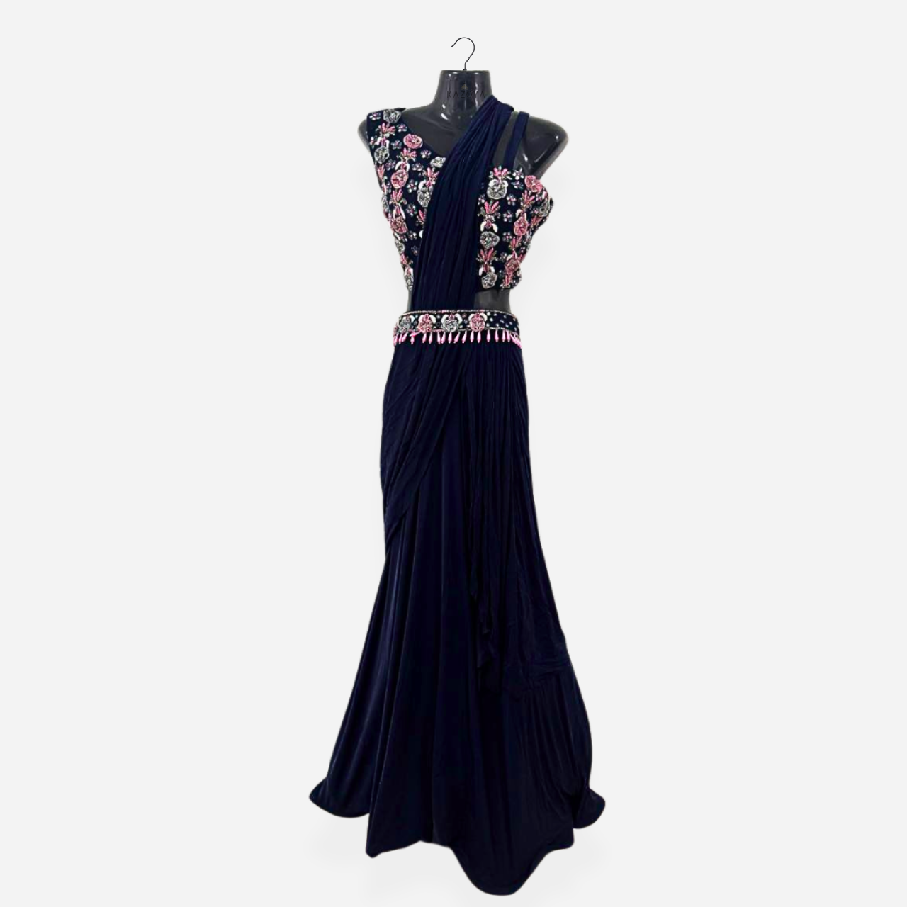 Navy Blue Pre-Stitched Saree Gown Cocktail Party Evening Dress