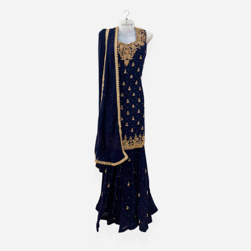 Designer Navy Blue Sharara Suit with Gold Embroidery and Dupatta