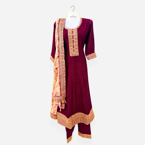 Elegant Burgundy Anarkali Suit with Gold Embroidery and Designer Dupatta