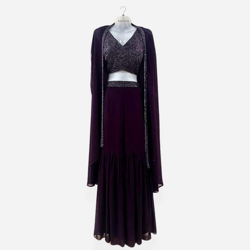Elegant Purple Embellished Cape and Pants Set with Beadwork
