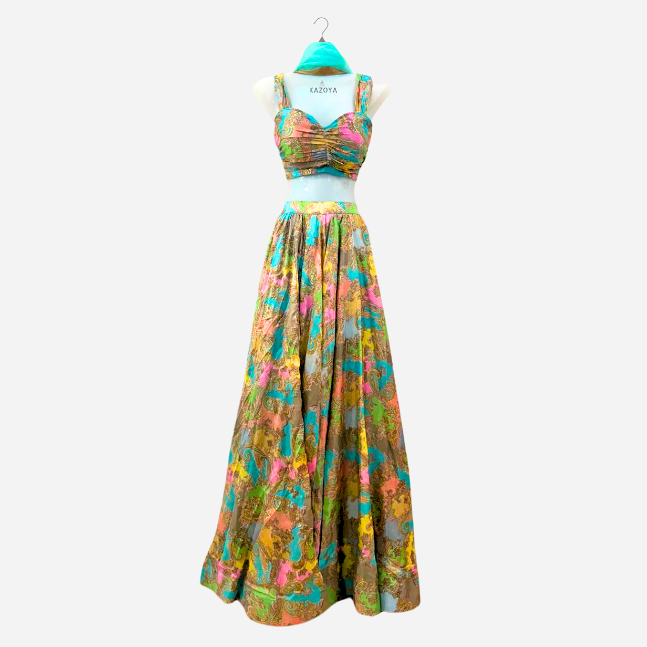 Multicolor Pastel Paisley Lehenga Choli Set with Cropped Bodice