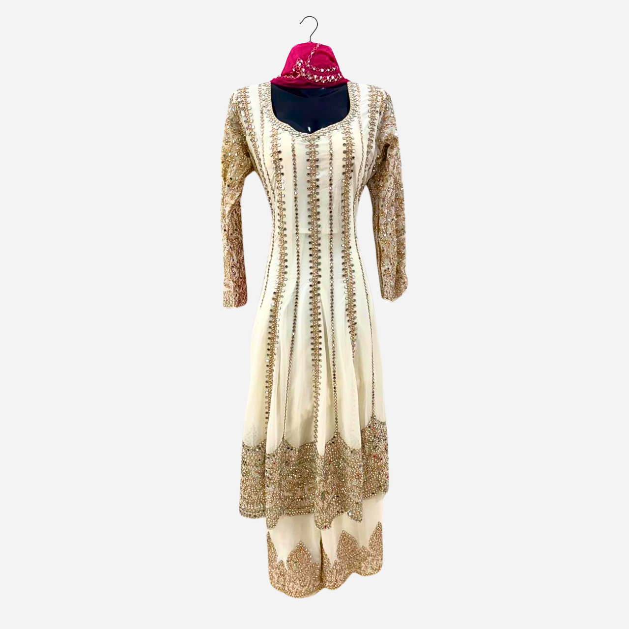 Off-White Gold Anarkali Suit Wedding Formal Ethnic Dress