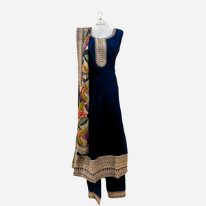 Midnight Blue Anarkali Punjabi Suit with Printed Designer Dupatta