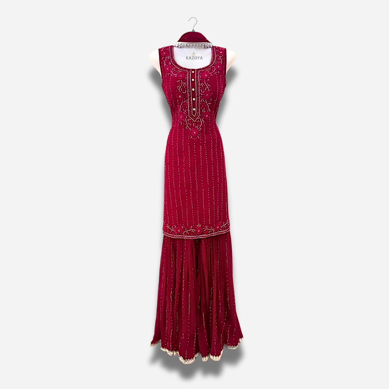 Traditional Red Gharara Set with Silver Embroidery and Intricate Detailing