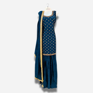 Designer Teal Blue Sharara Suit with Gold Embroidery and Dupatta
