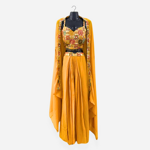 Elegant Yellow Indo-Western Suit with Gold Embroidery and Designer Cape