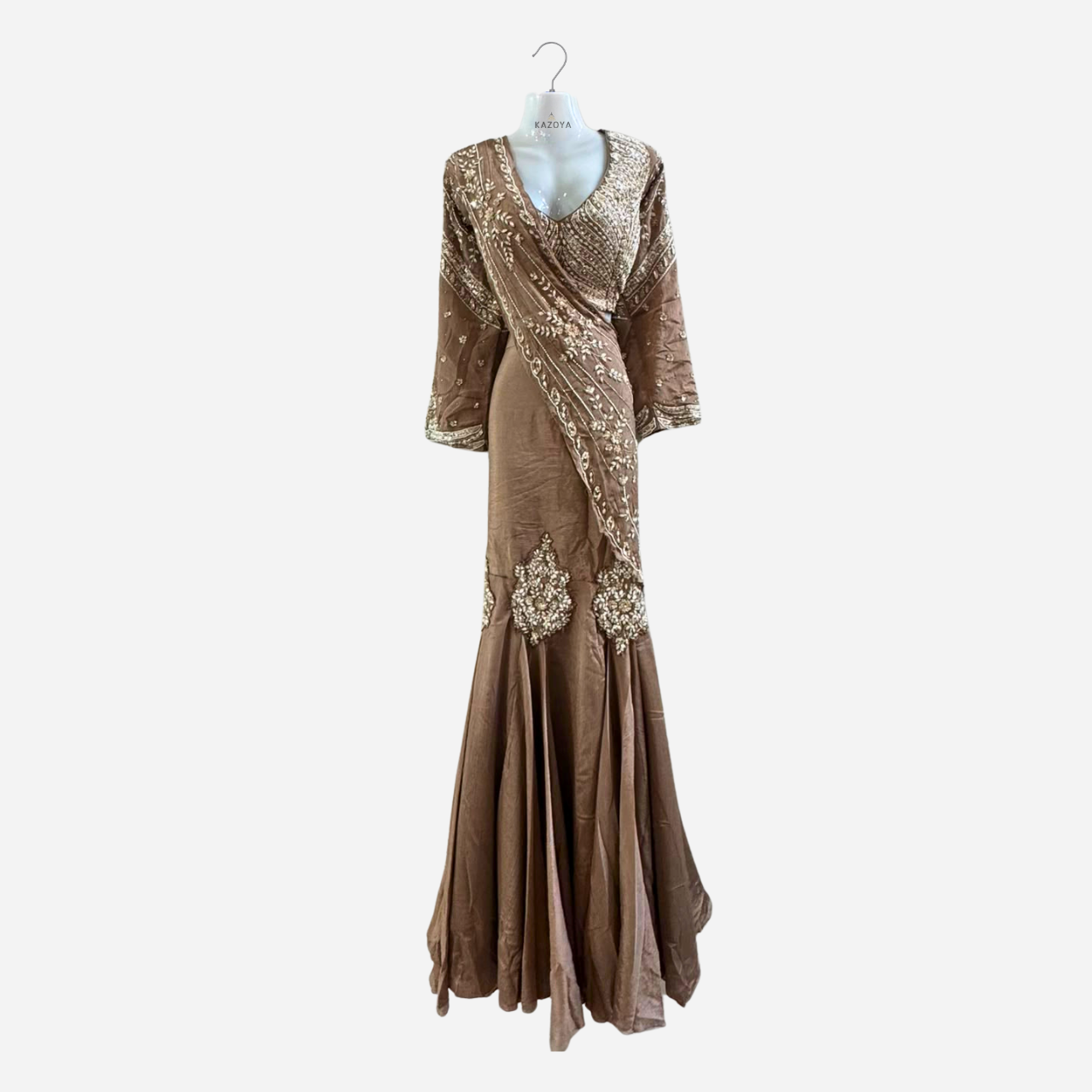 Taupe Embroidered Indo Western Readymade Saree With Matching Blouse
